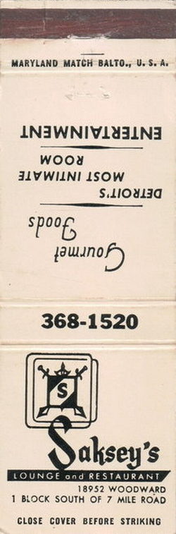 Sakseys Lounge & Restaurant (Sakseys Supperclub, Rampart St) - Matchbook (newer photo)